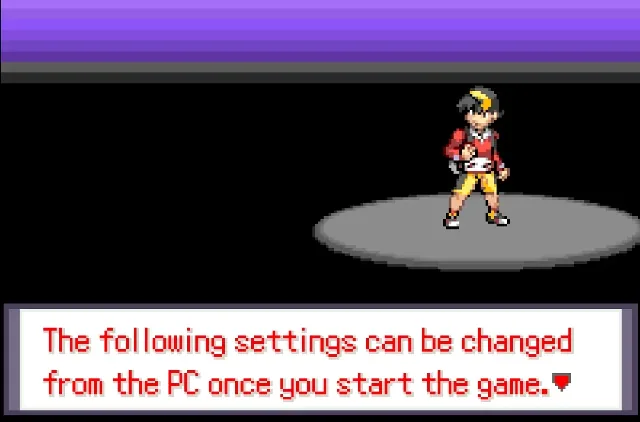 Pokemon Heart & Soul screen explaining that selected challenge settings can be changed after the game begins
