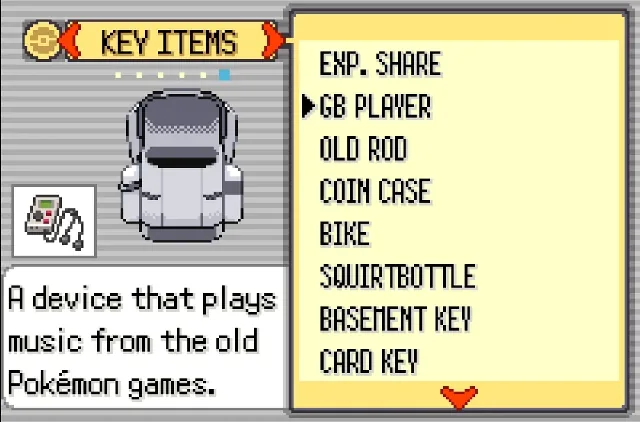 Pokemon Heart & Soul v2.0.0 Key Items bag with the GB Player selected