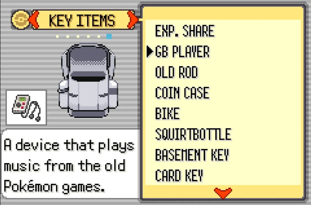Pokemon Heart & Soul v2.0 Key Items bag with the GB Player selected