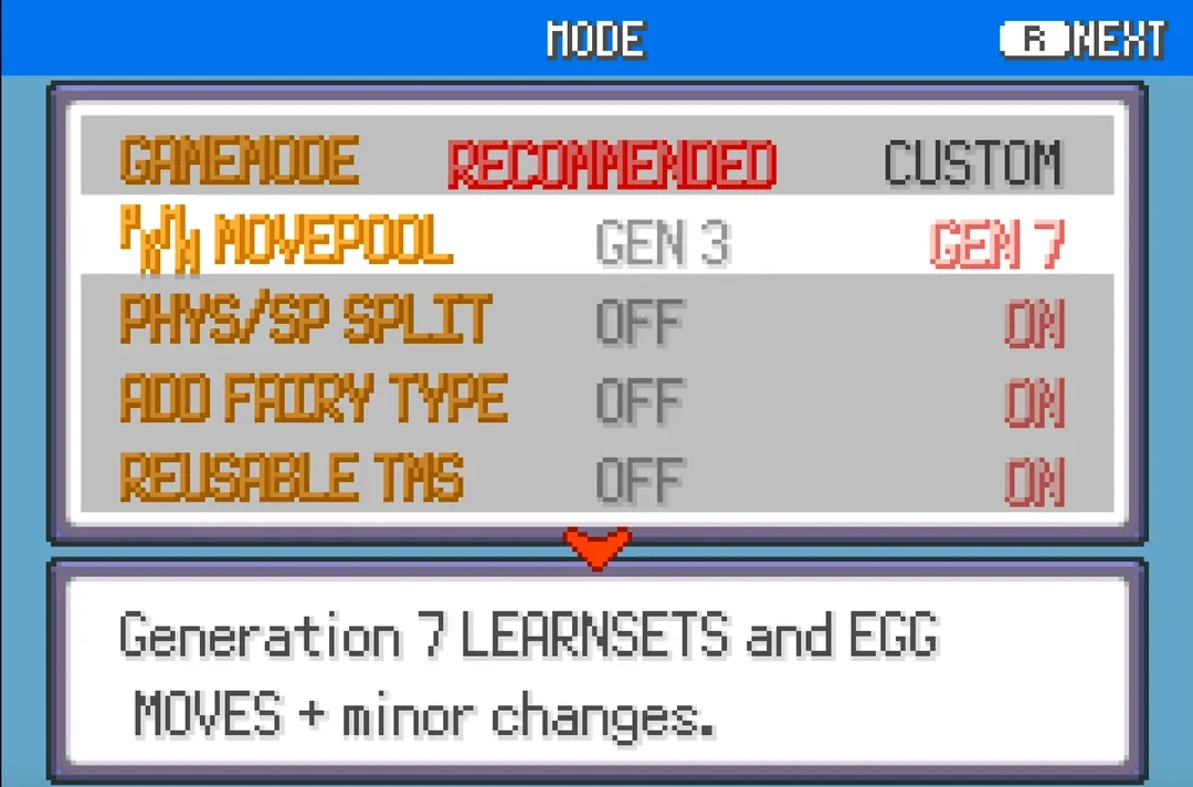 Pokemon Heart & Soul challenge menu showing the Generation 7 movepool option