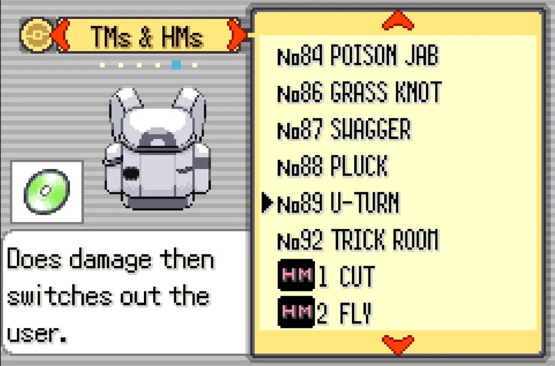 Pokemon Heart & Soul v2.0 TM and HM bag showing later entries in the expanded TM list
