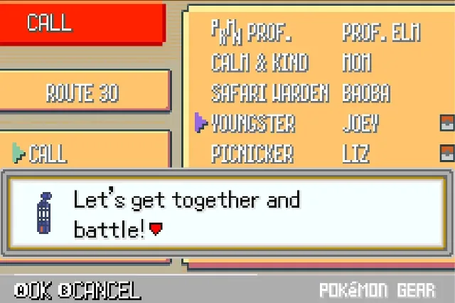 Pokemon Heart & Soul Pokégear call list with a trainer asking for a rematch