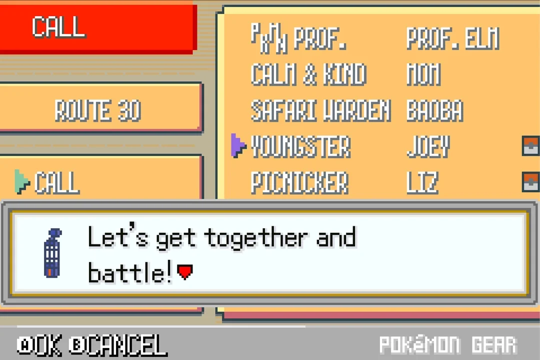 Pokemon Heart & Soul Pokégear call list with a trainer asking for a rematch