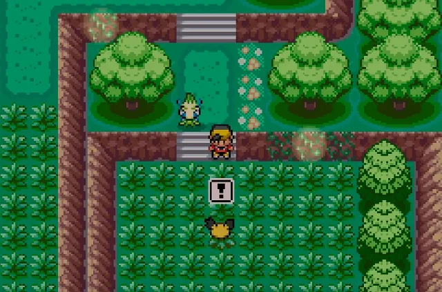 Pokemon Heart & Soul route scene with a Pokemon visible in the grass near the player