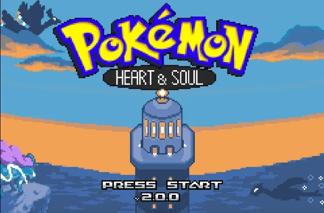 Pokemon Heart & Soul v2.0.0 title screen with a lighthouse between an orange sky and blue sea