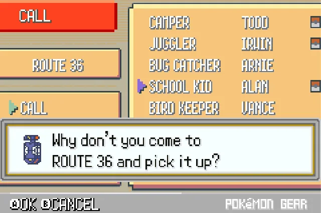 Pokégear call from a Route 36 trainer asking the player to come pick up an item