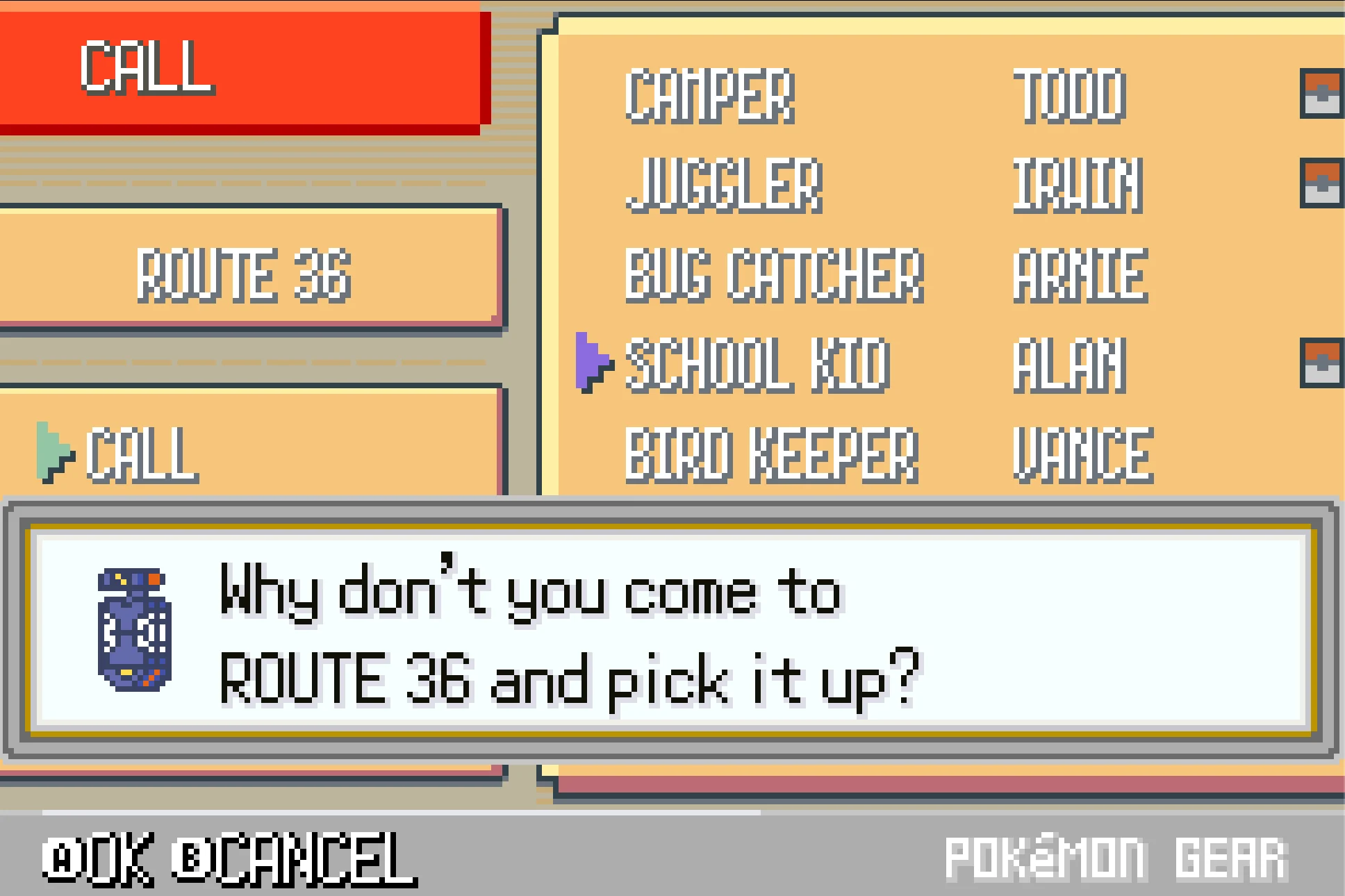 Pokégear call from a Route 36 trainer asking the player to come pick up an item