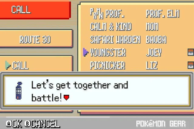 Pokégear call menu with a Route 30 trainer asking for another battle