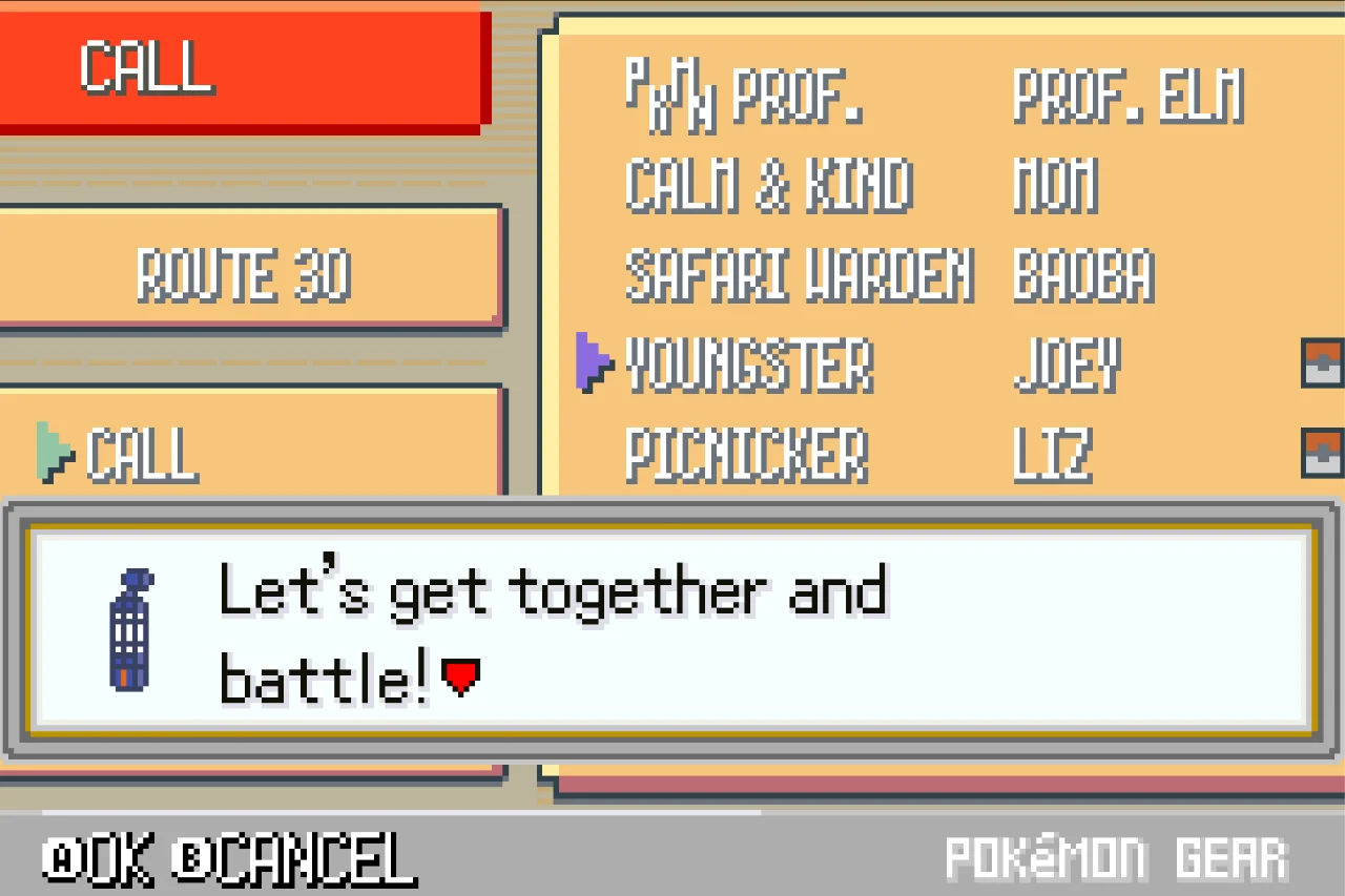 Pokégear call menu with a Route 30 trainer asking for another battle